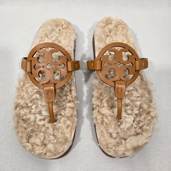 TORY BURCH Caramel MILLER CLOUD Shearling Leather Thong Slip-On Sandal Size 9.5M - Picture 5 of 17